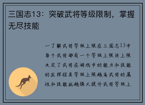 三国志13：突破武将等级限制，掌握无尽技能